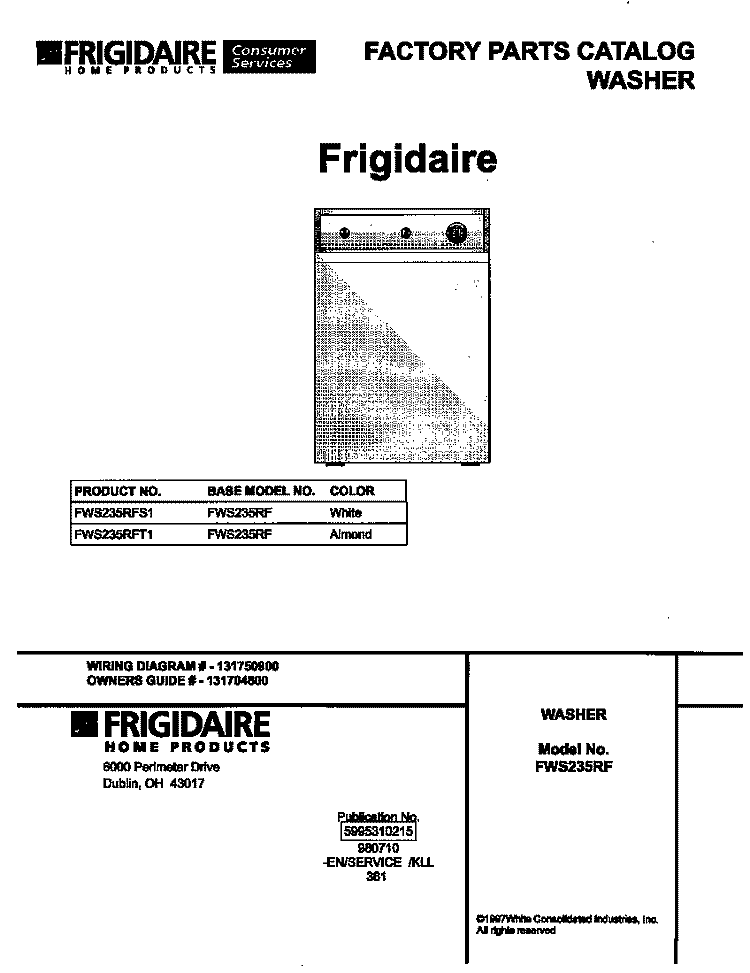 COVER Diagram and Parts List for FWS235RFS1  Frigidaire Washer