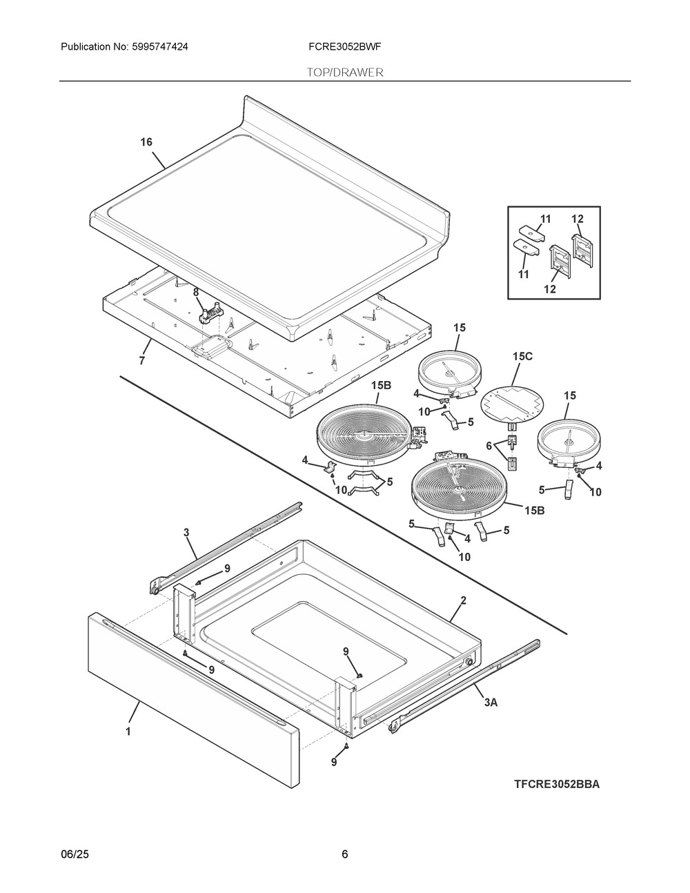 Top/Drawer Diagram and Parts List for FCRE3052BWF  Frigidaire Range