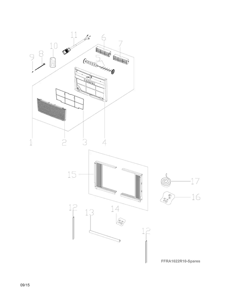 Recommended Spare Parts Diagram and Parts List for FFRE10L3Q16  Frigidaire Air Conditioner