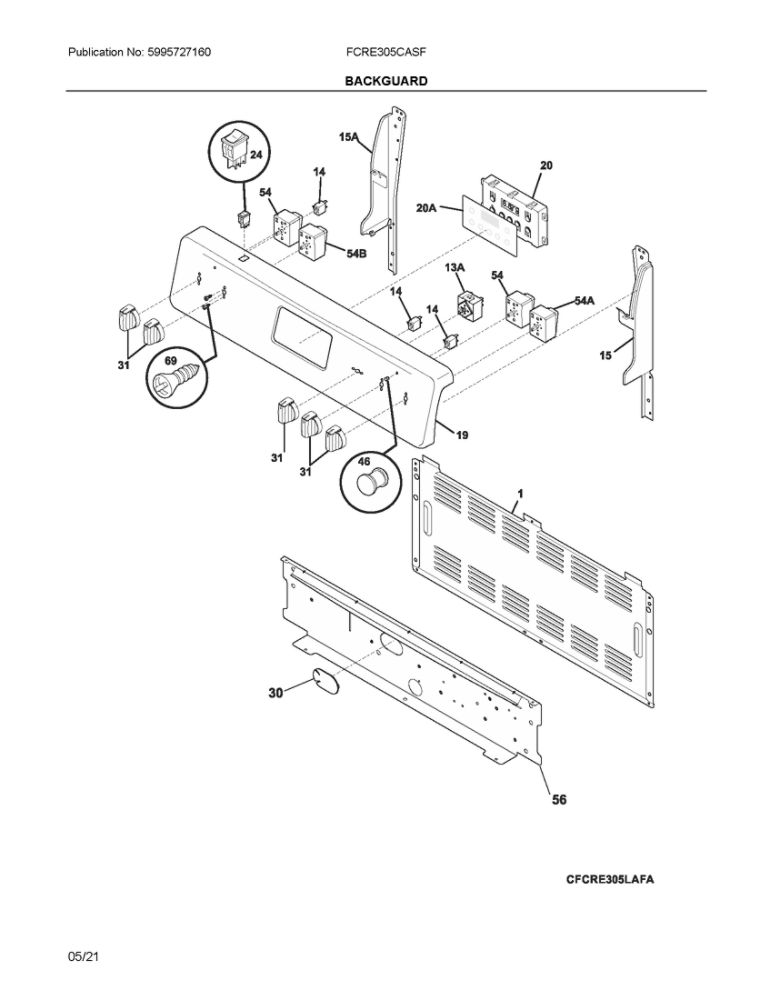 Backguard Diagram and Parts List for FCRE305CASF  Frigidaire Range