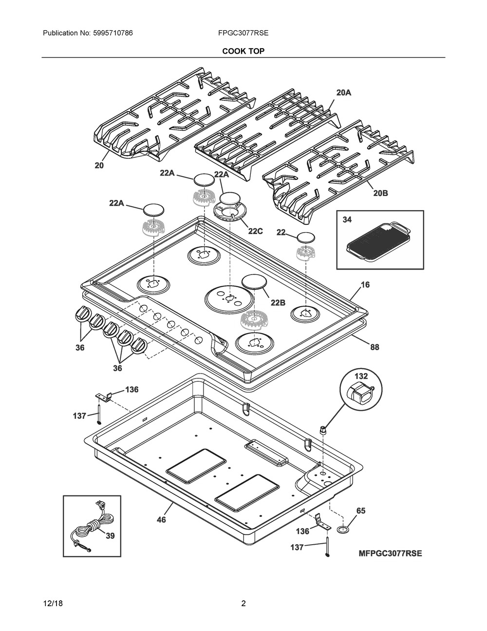 Cook Top Diagram and Parts List for FPGC3077RSE  Frigidaire Cooktop