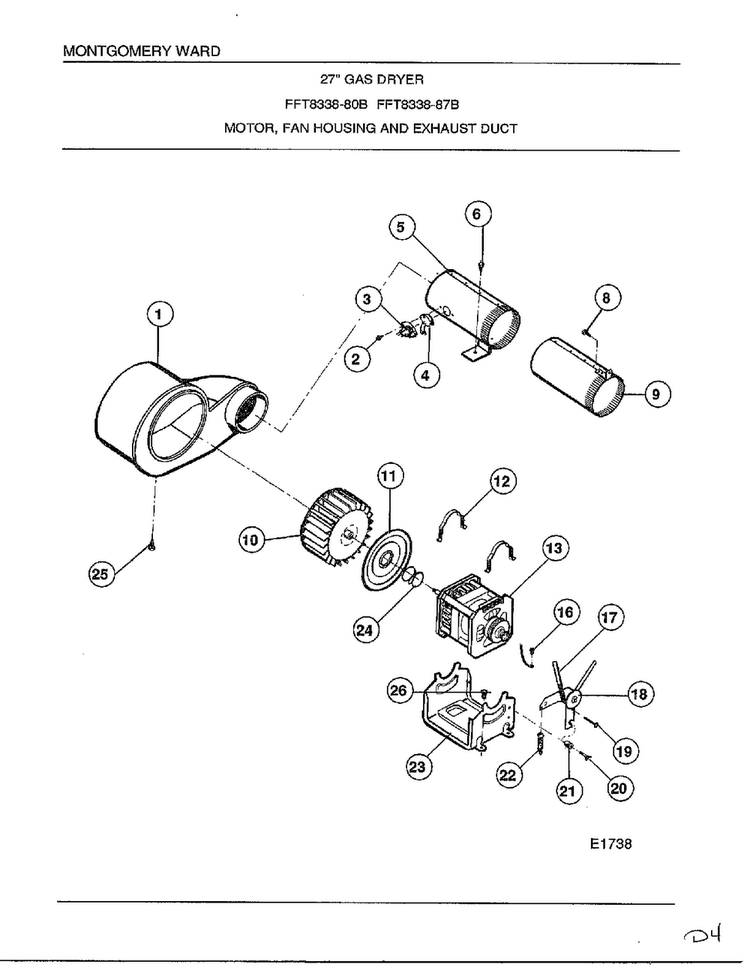 Motor, Fan Housing And Exhaust Duct Diagram and Parts List for 8338B  Frigidaire Dryer