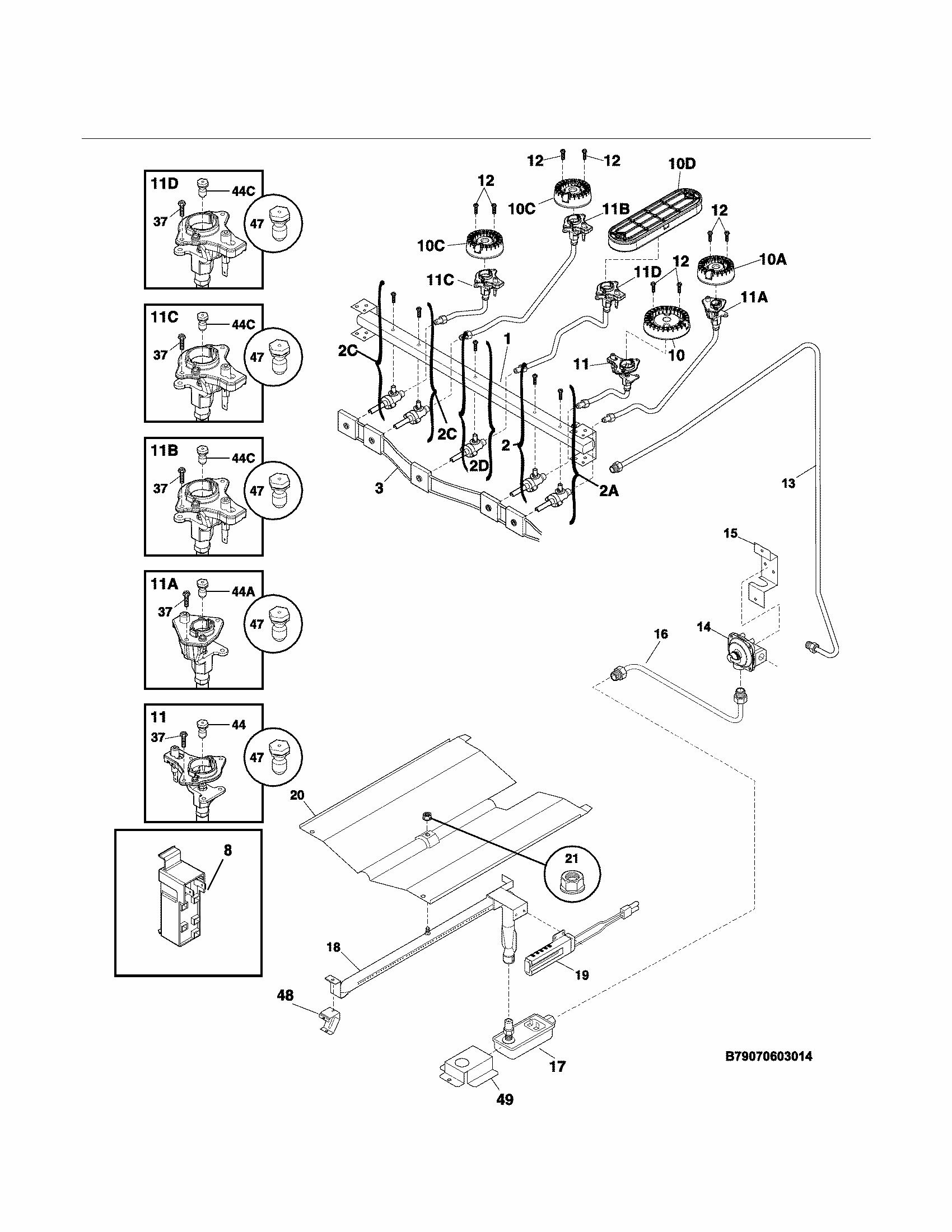 Burner Diagram and Parts List for 79073433311  Kenmore Range