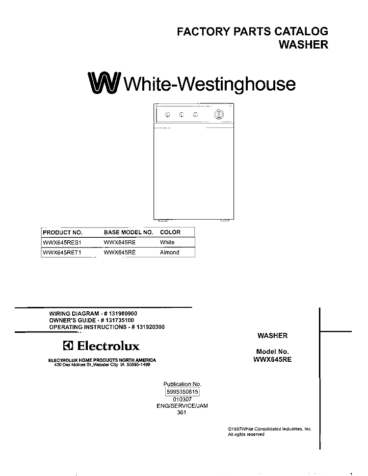 COVER Diagram and Parts List for WWX645RES1  Westinghouse Washer