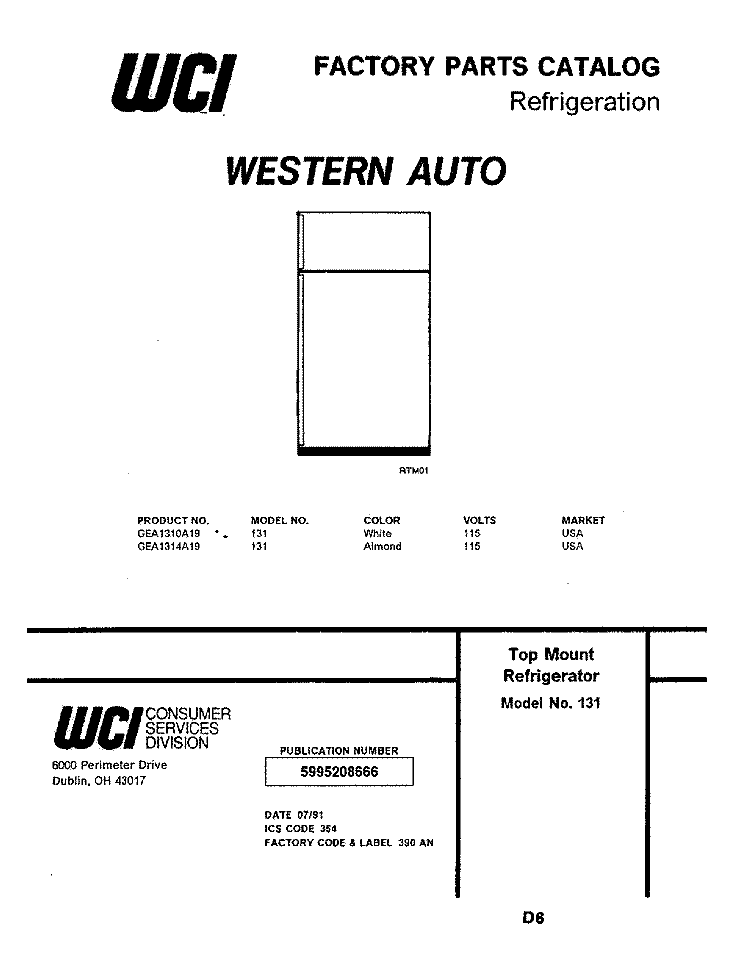 COVER Diagram and Parts List for GEA1310A19  Frigidaire Refrigerator
