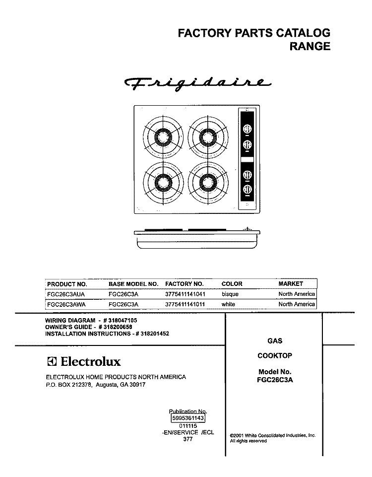 COVER Diagram and Parts List for FGC26C3AWA  Frigidaire Cooktop