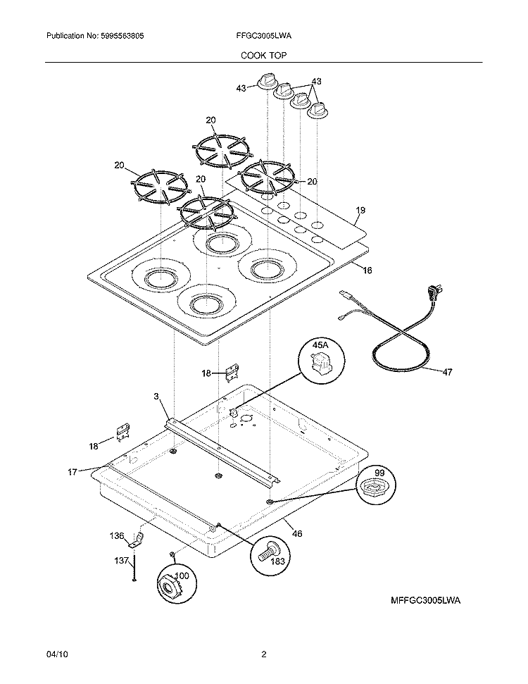 MANITOP Diagram and Parts List for FFGC3005LWA  Frigidaire Cooktop