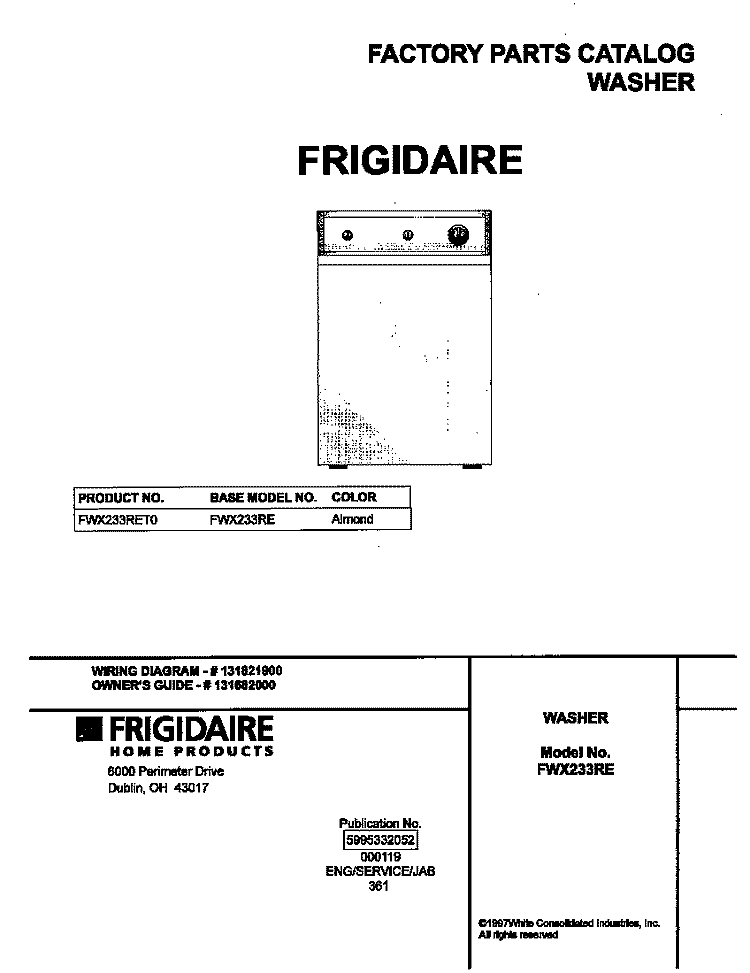 COVER Diagram and Parts List for FWX233RET0  Frigidaire Washer