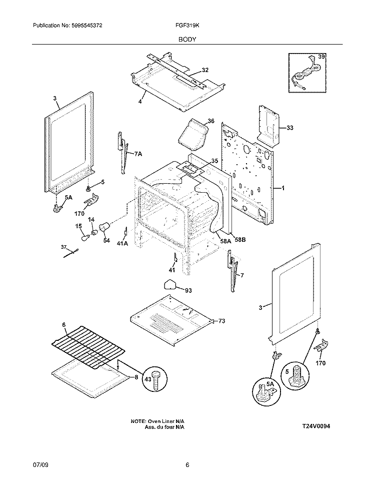 BODY Diagram and Parts List for FGF319KSB  Frigidaire Range