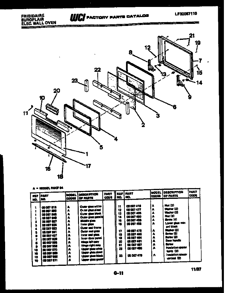 DOOR PARTS Diagram and Parts List for RGCF94EK  Frigidaire Wall Oven