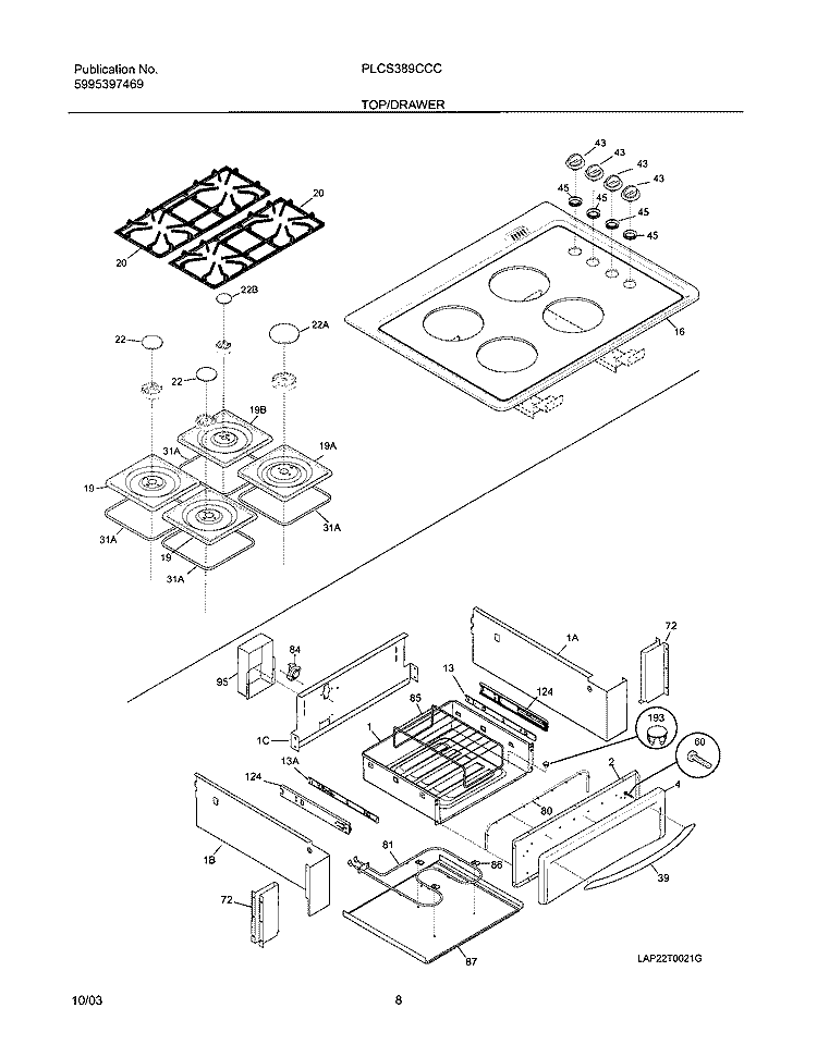 TOP / DRAWER Diagram and Parts List for PLCS389CCC  Frigidaire Range