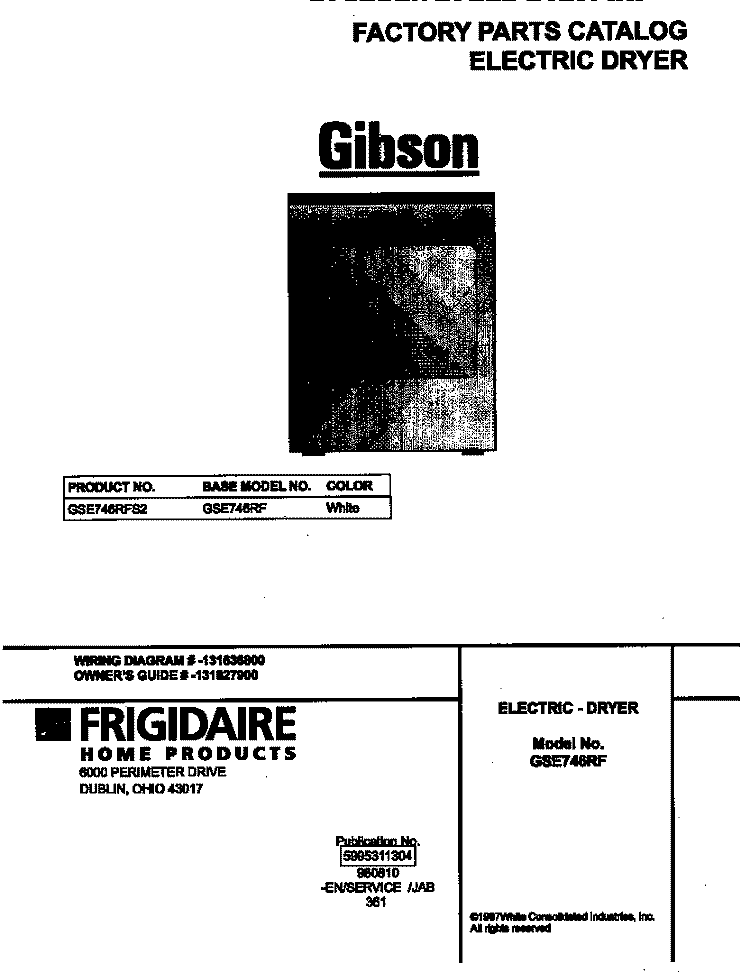 COVER Diagram and Parts List for GSE746RFS2  Gibson Dryer