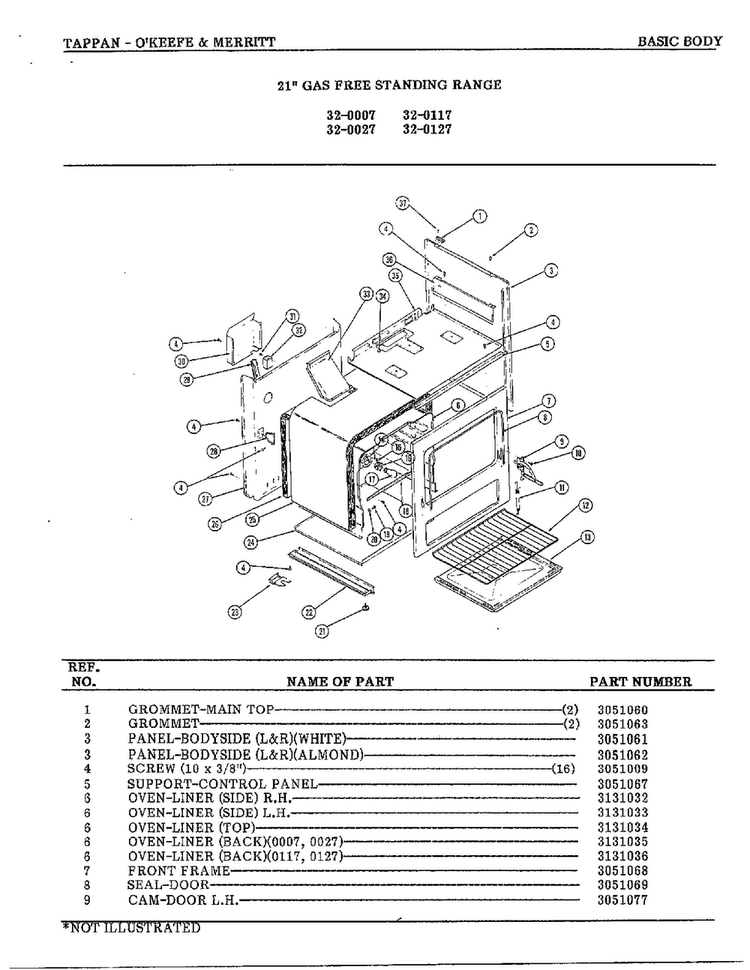 Basic Body Diagram and Parts List for 32-0127  Frigidaire Range
