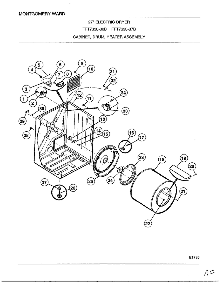 Cabinet, Drum, Heater Assembly Diagram and Parts List for 7338B  Frigidaire Dryer