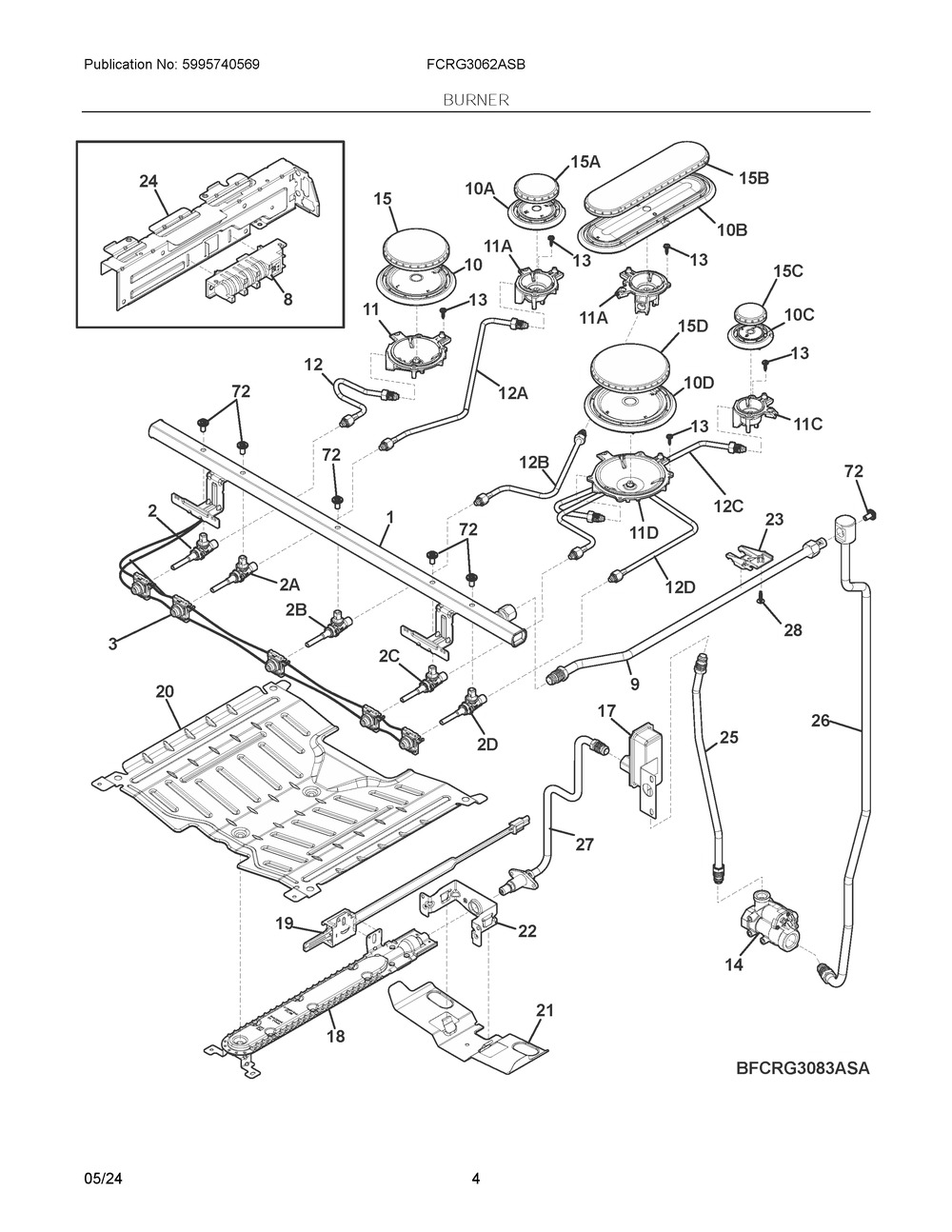Burner Diagram and Parts List for FCRG3062ASB  Frigidaire Range