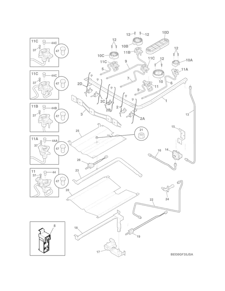 Burner Diagram and Parts List for EI30GF35JSB  Electrolux Range