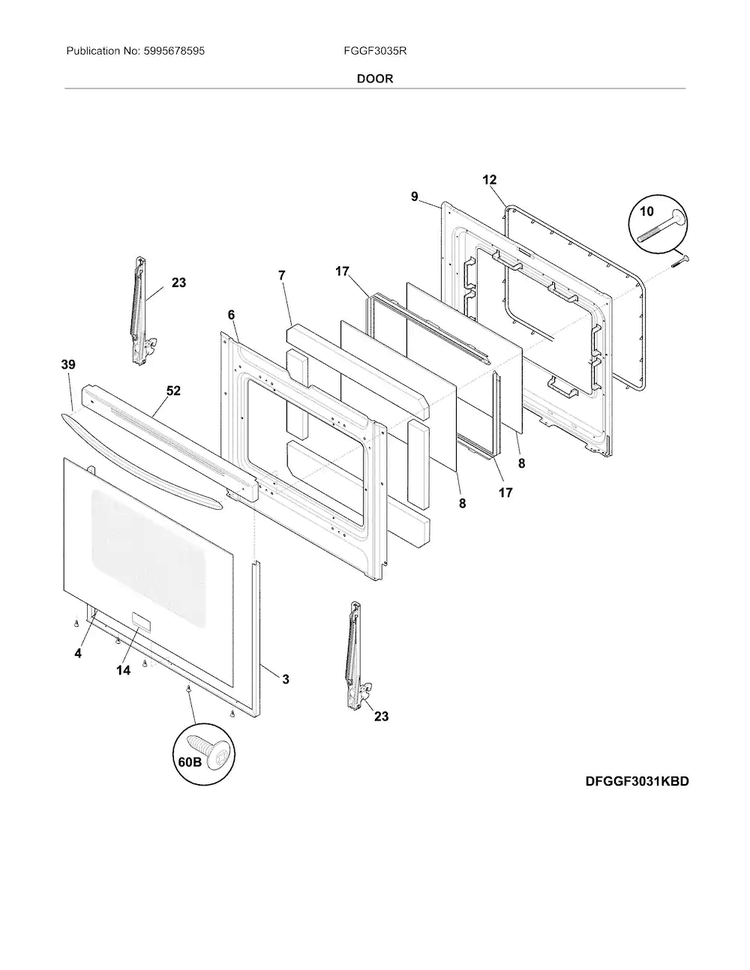 Door Diagram and Parts List for FGGF3035RWC  Frigidaire Range