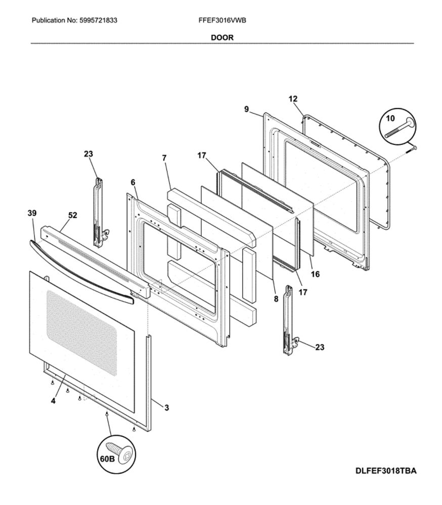 Door Diagram and Parts List for FFEF3016VWB  Frigidaire Range