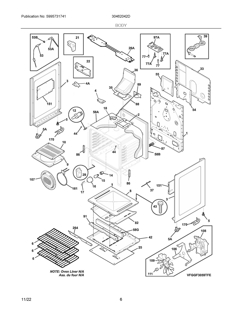 Body Diagram and Parts List for 30462042D  Frigidaire Range