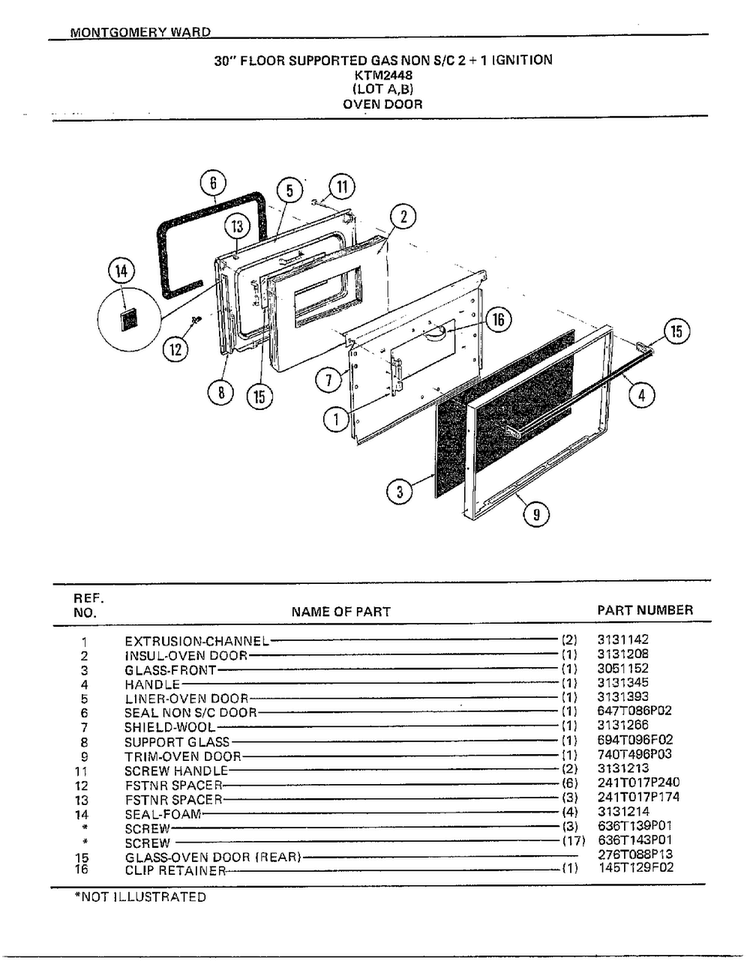 30" Floor Supported Oven Door Diagram and Parts List for 2448A  Frigidaire Range