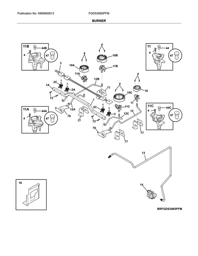 Burner Diagram and Parts List for FGDS3065PFM  Frigidaire Range