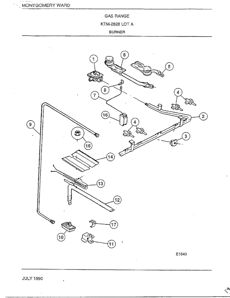 Burner Diagram and Parts List for 2828A  Frigidaire Range