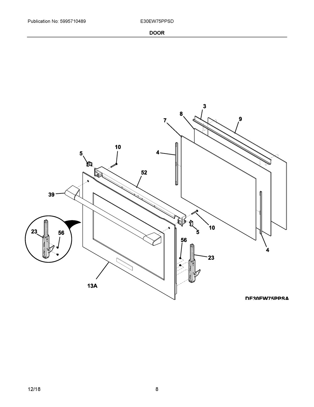 Door Diagram and Parts List for E30EW75PPSD  Frigidaire Wall Oven