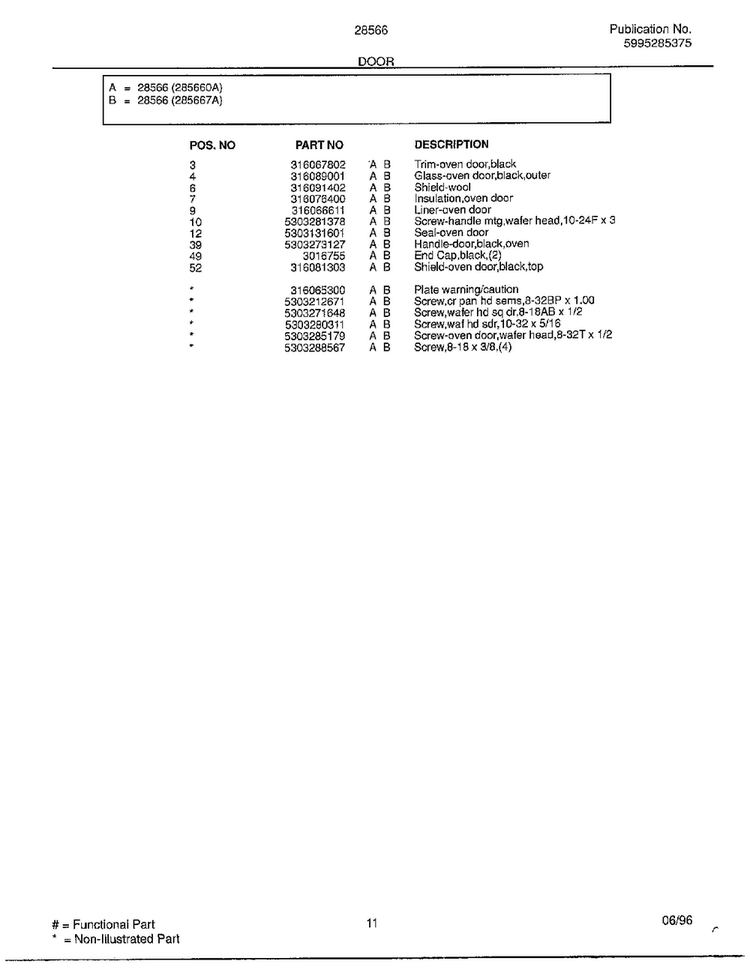 Door Page 2 Diagram and Parts List for 285660A  Frigidaire Range