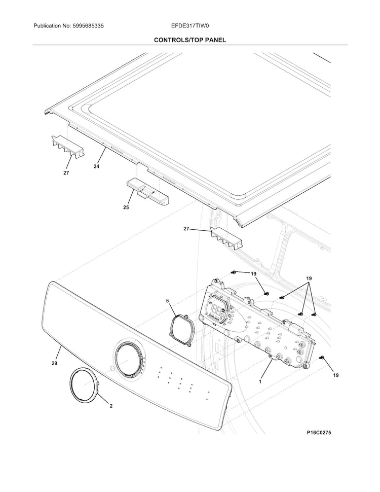 Controls/top Panel Diagram and Parts List for EFDE317TIW0  Electrolux Dryer