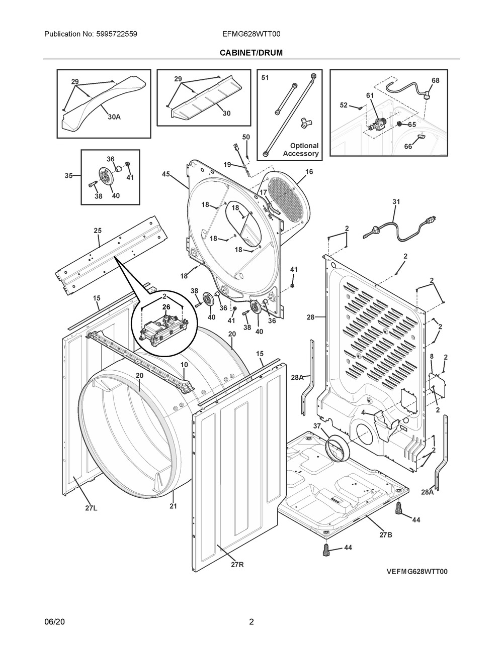 Cabinet/Drum Diagram and Parts List for EFMG628WTT00  Frigidaire Dryer