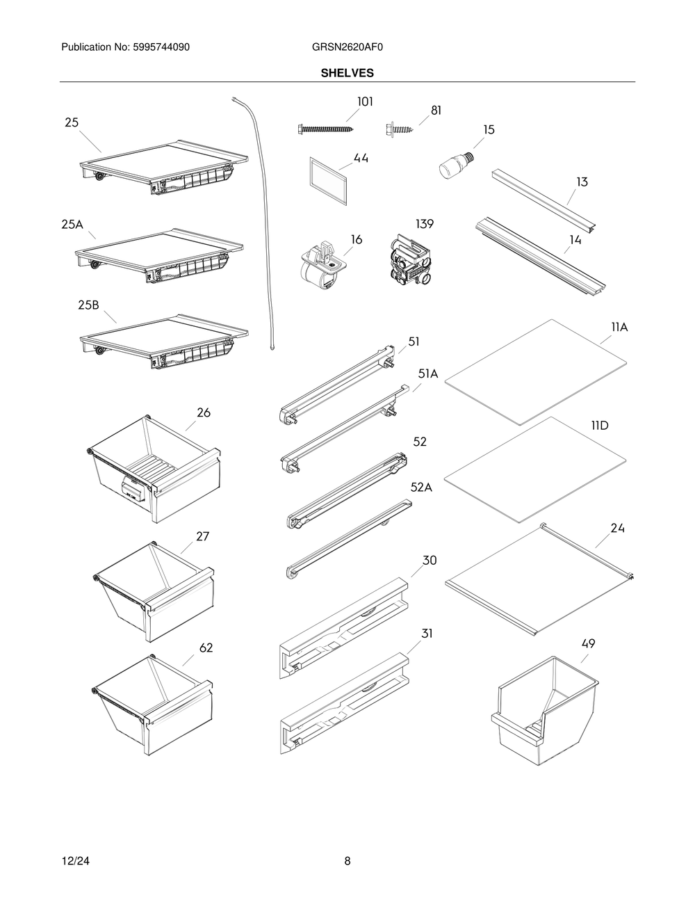 Shelves Diagram and Parts List for GRSN2620AF0  Frigidaire Refrigerator