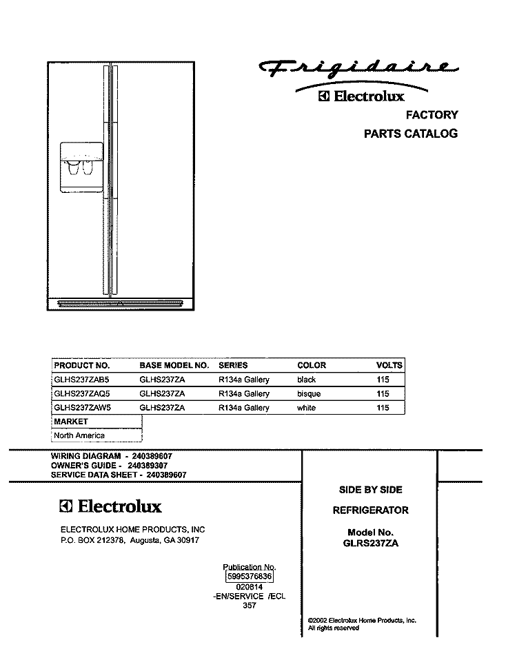 COVER Diagram and Parts List for GLHS237ZAW5  Frigidaire Refrigerator