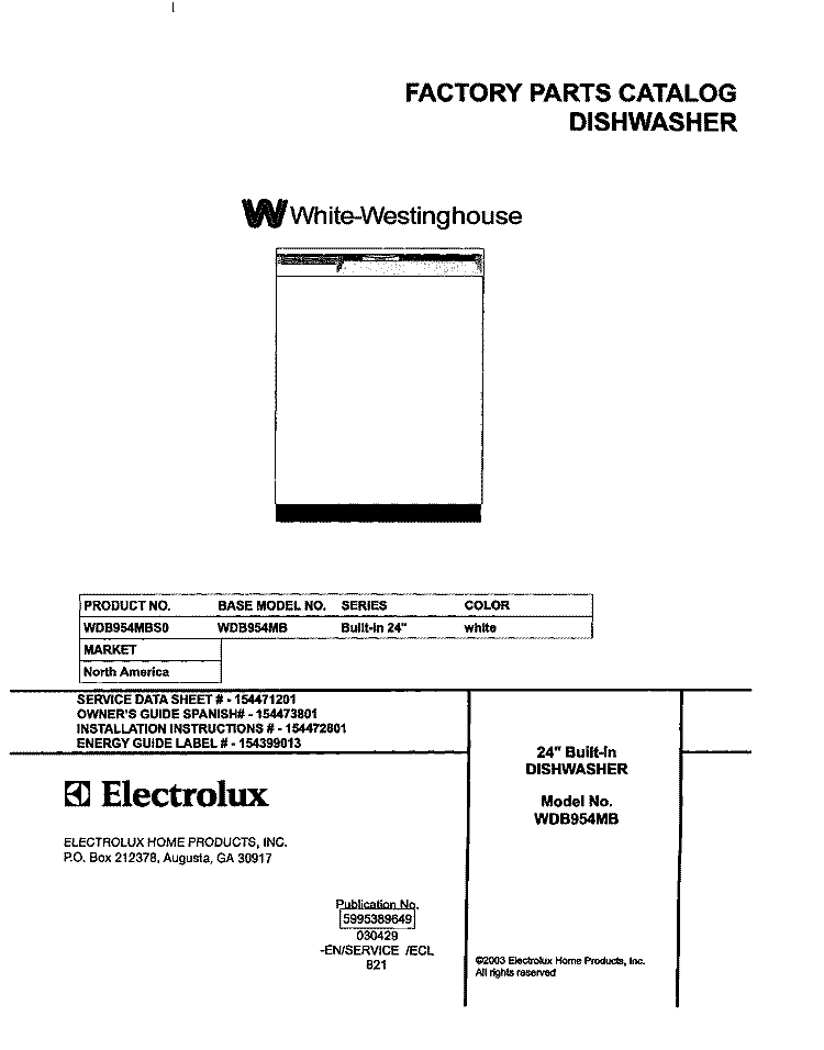 COVER Diagram and Parts List for WDB954MBS0  Westinghouse Dishwasher