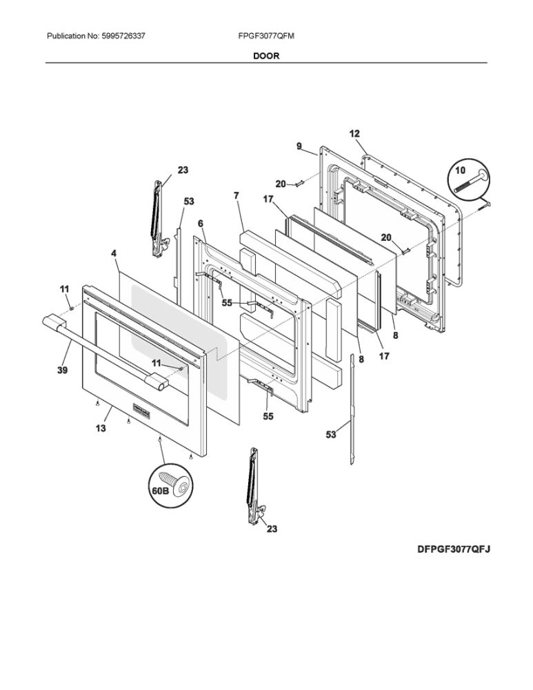 Door Diagram and Parts List for FPGF3077QFM  Frigidaire Range