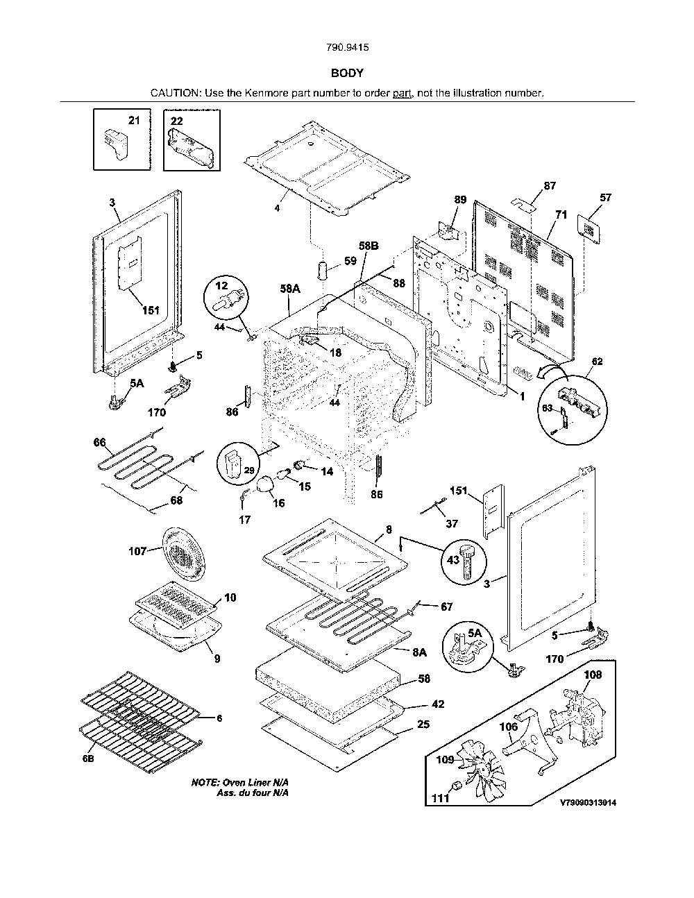 Body Diagram and Parts List for 79094159311  Kenmore Range