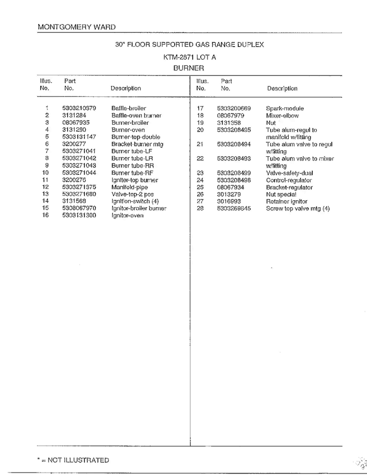 Burner Page 2 Diagram and Parts List for 2871A  Frigidaire Range