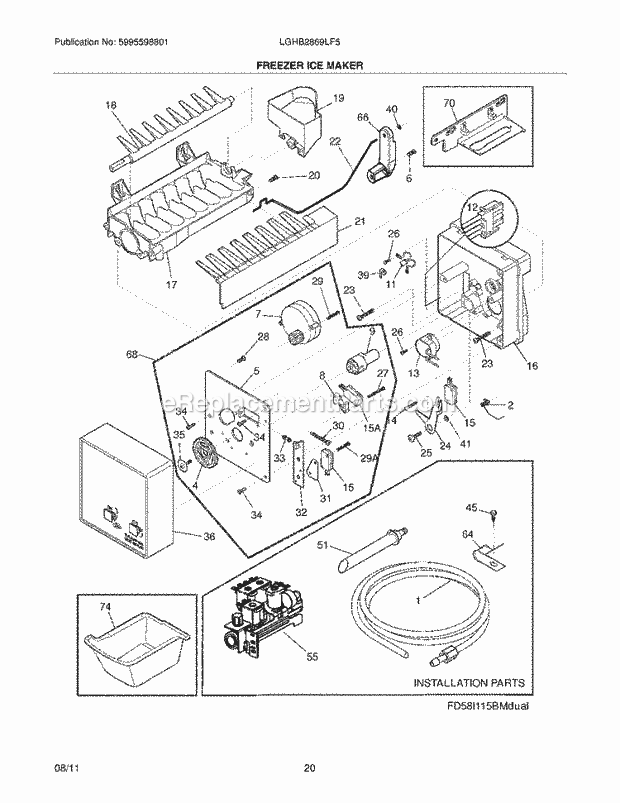 Freezer Ice Maker Diagram and Parts List for LGHB2869LF5  Frigidaire Refrigerator