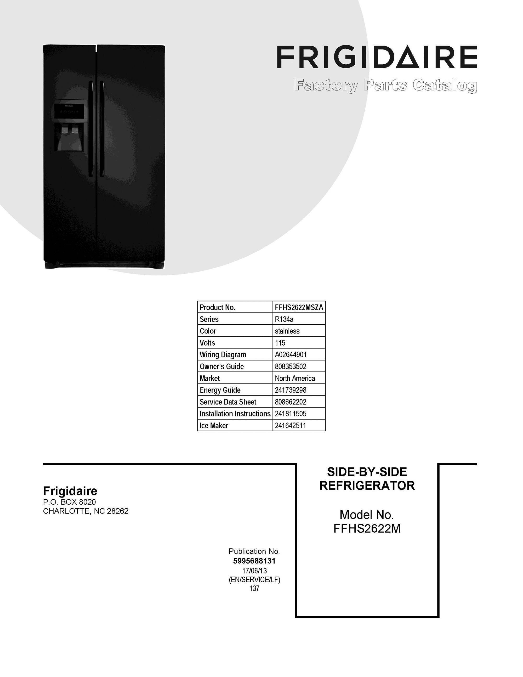 01 - COVER SHEET Diagram and Parts List for FFHS2622MSZA  Frigidaire Refrigerator