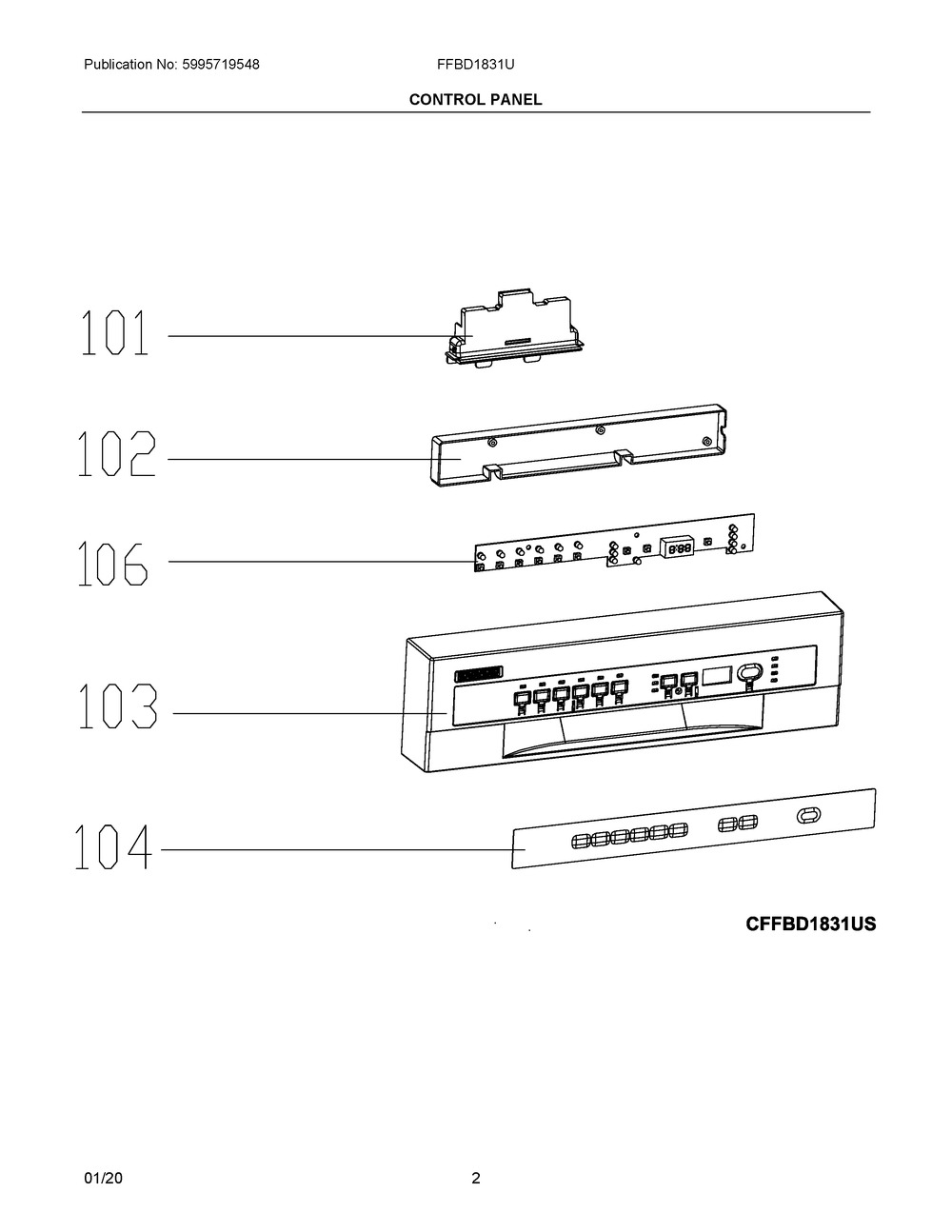 Control Panel Diagram and Parts List for FFBD1831UB  Frigidaire Dishwasher