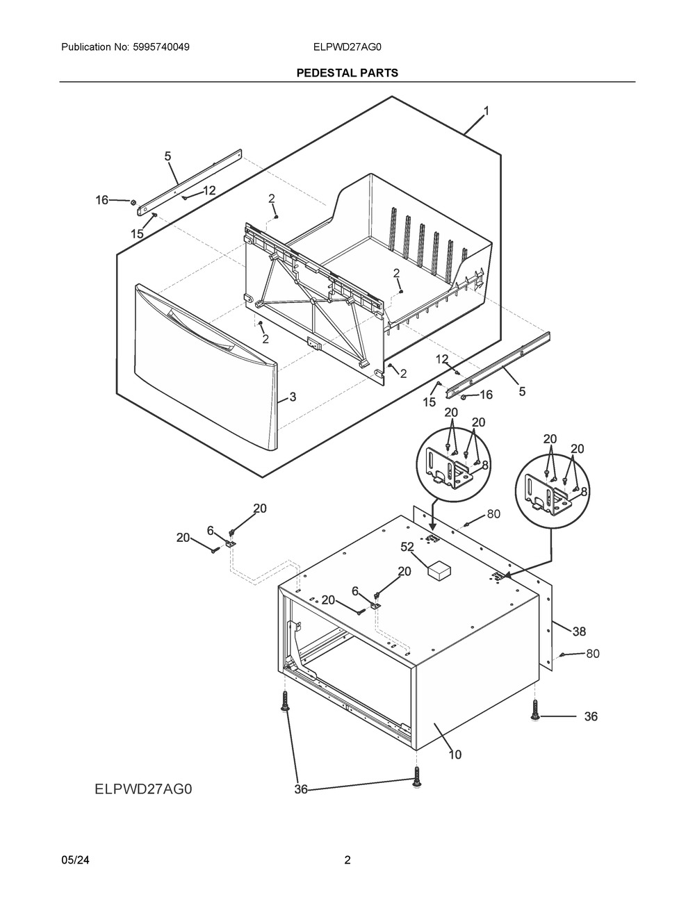 Pedestal Parts Diagram and Parts List for ELPWD27AG0  Frigidaire Washer