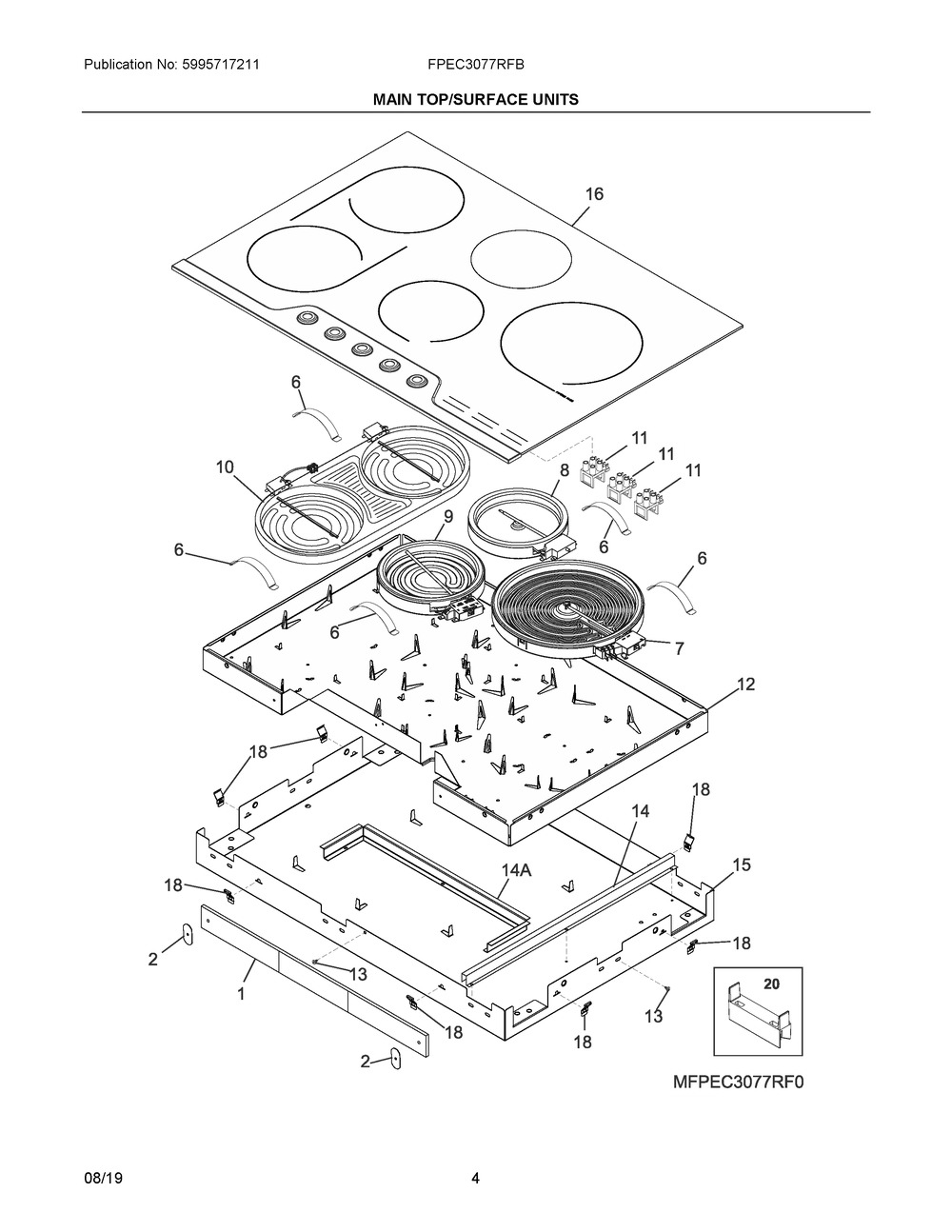 Main Top/surface Units Diagram and Parts List for FPEC3077RFB  Frigidaire Cooktop