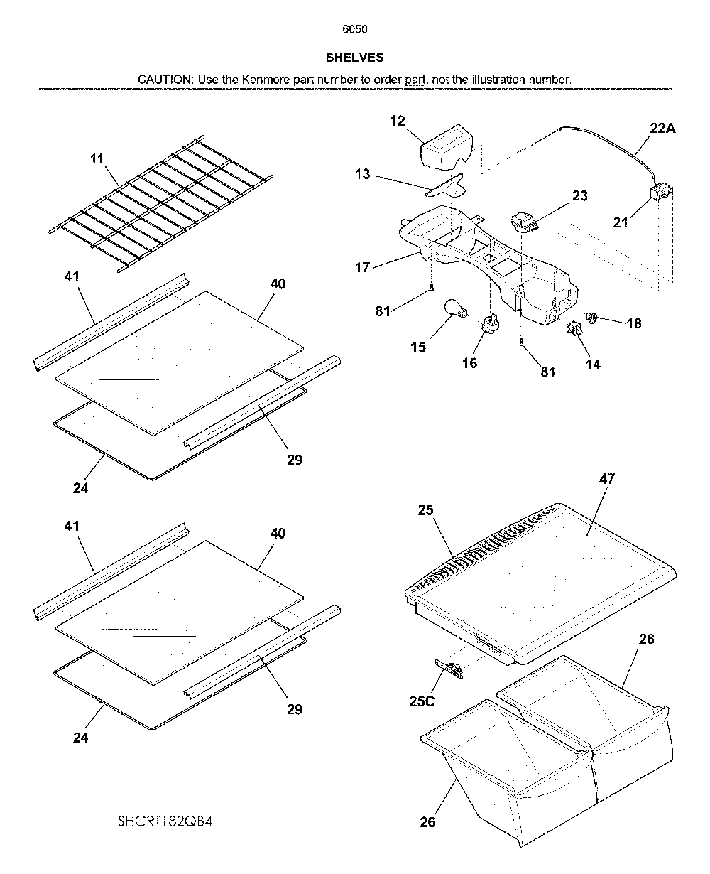 Shelves Diagram and Parts List for 25360509618  Kenmore Refrigerator