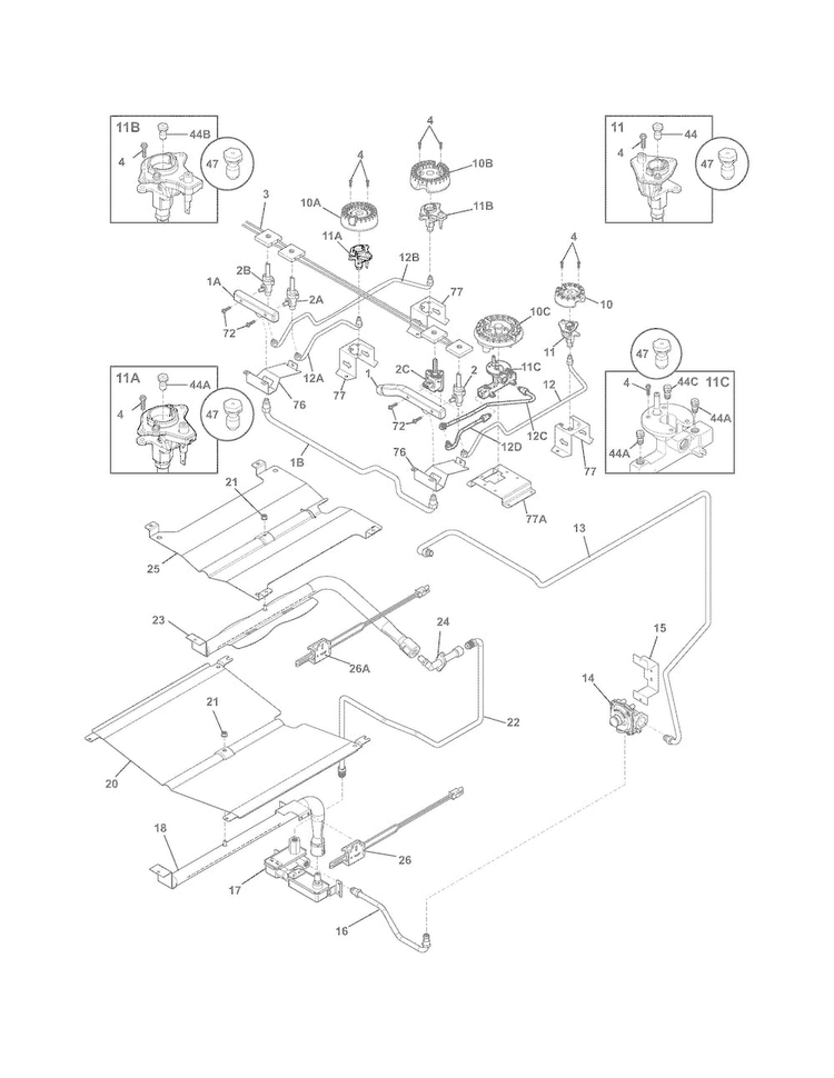 Burner Diagram and Parts List for FPGS3085PFA  Frigidaire Range