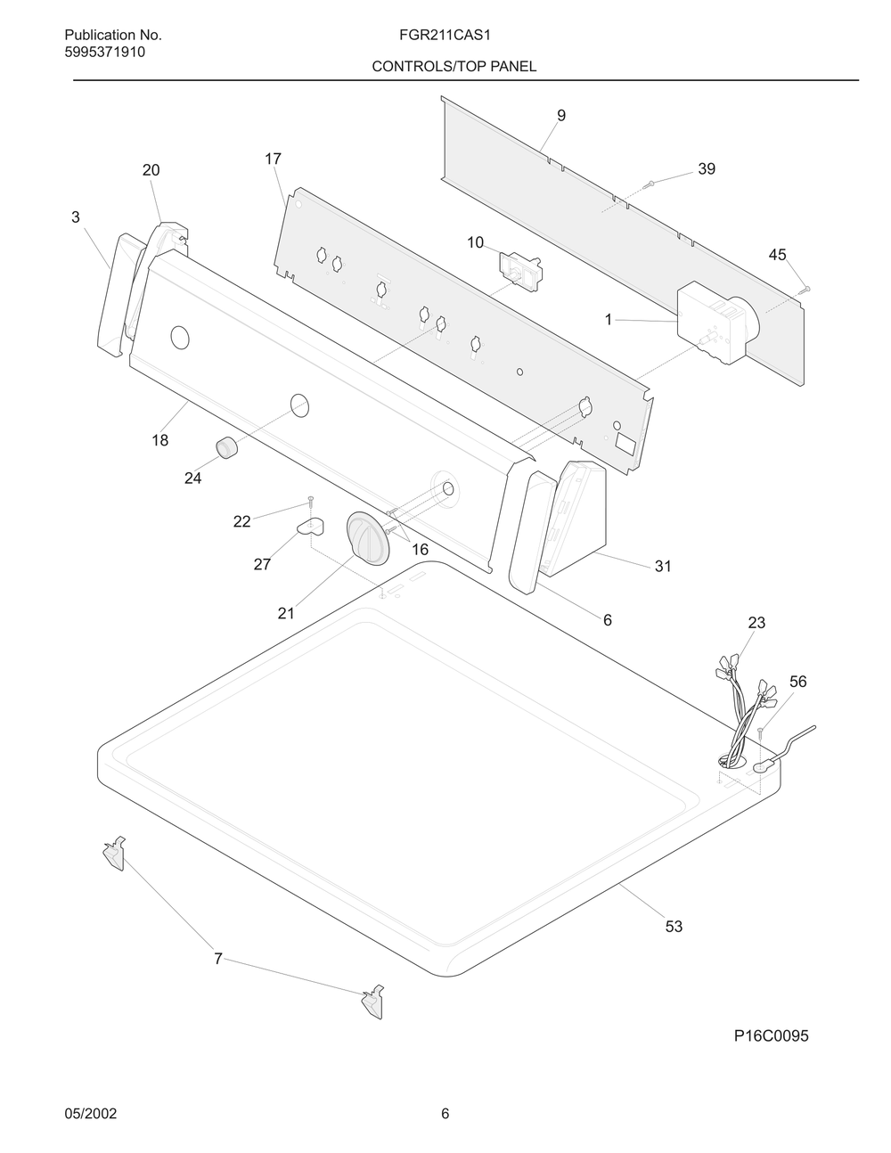 Controls/Top Panel Diagram and Parts List for FGR211CAS1  Frigidaire Dryer