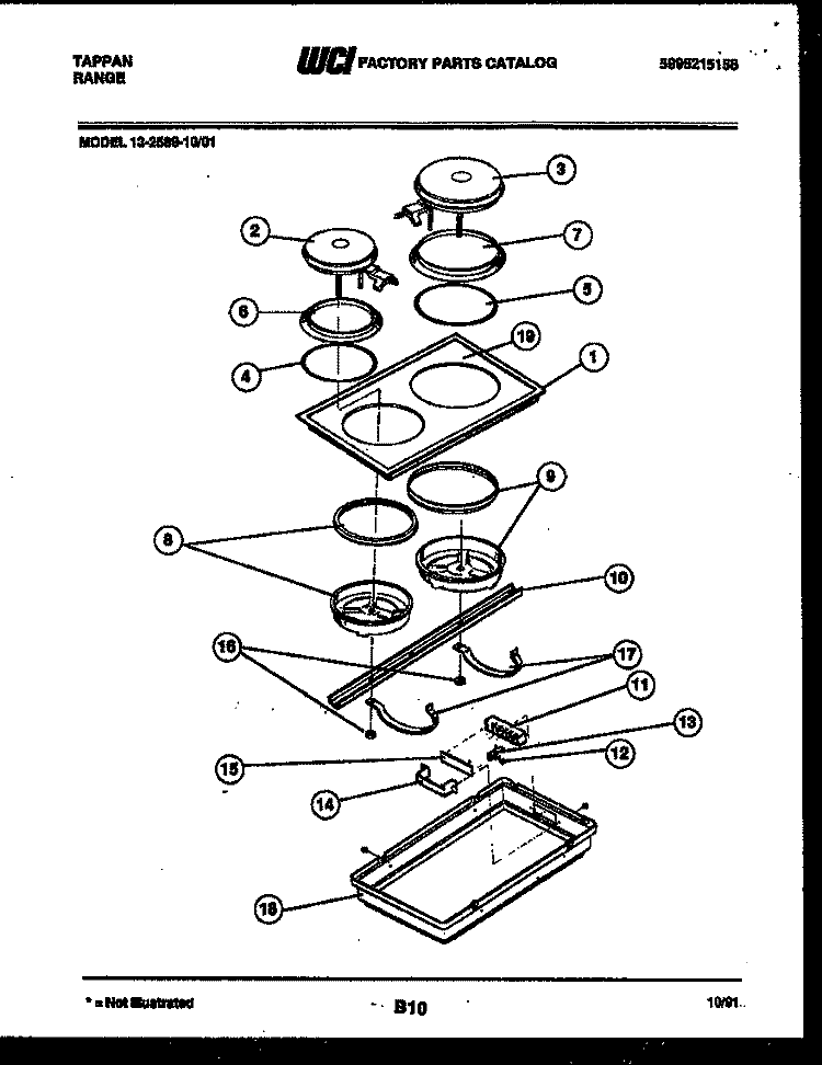 COOKTOP PARTS Diagram and Parts List for 13-2589-00-01  Tappan Cooktop