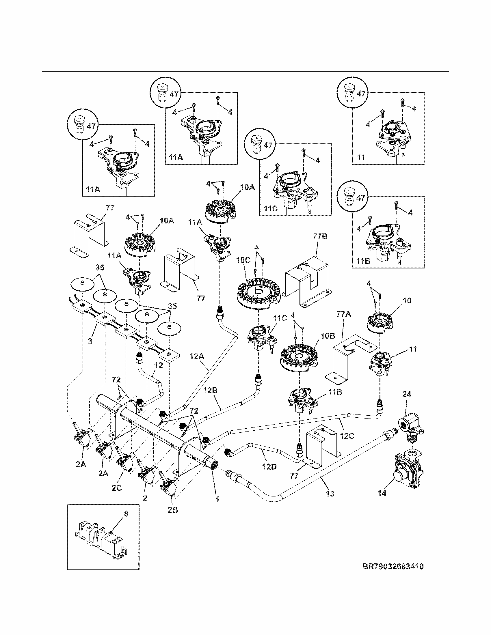 Burner Diagram and Parts List for 79032682410  Kenmore Cooktop