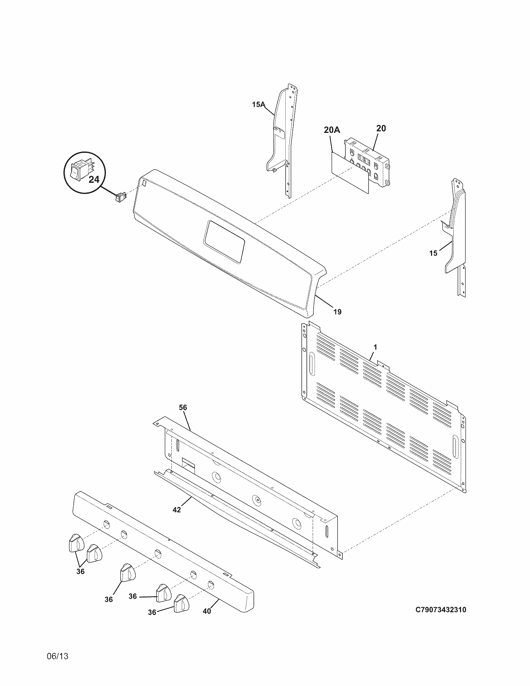 Backguard Diagram and Parts List for 79073439310  Kenmore Range