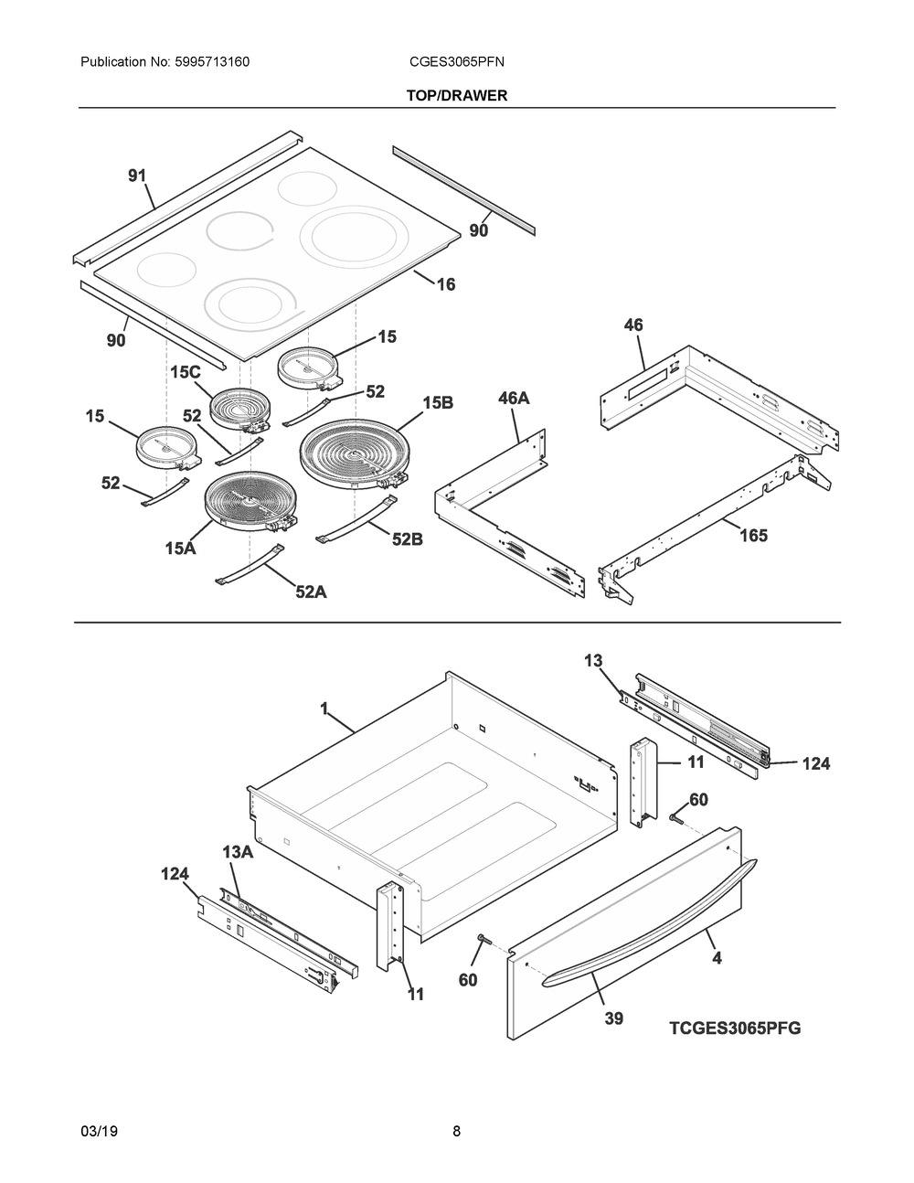 Top/drawer Diagram and Parts List for CGES3065PFN  Frigidaire Range