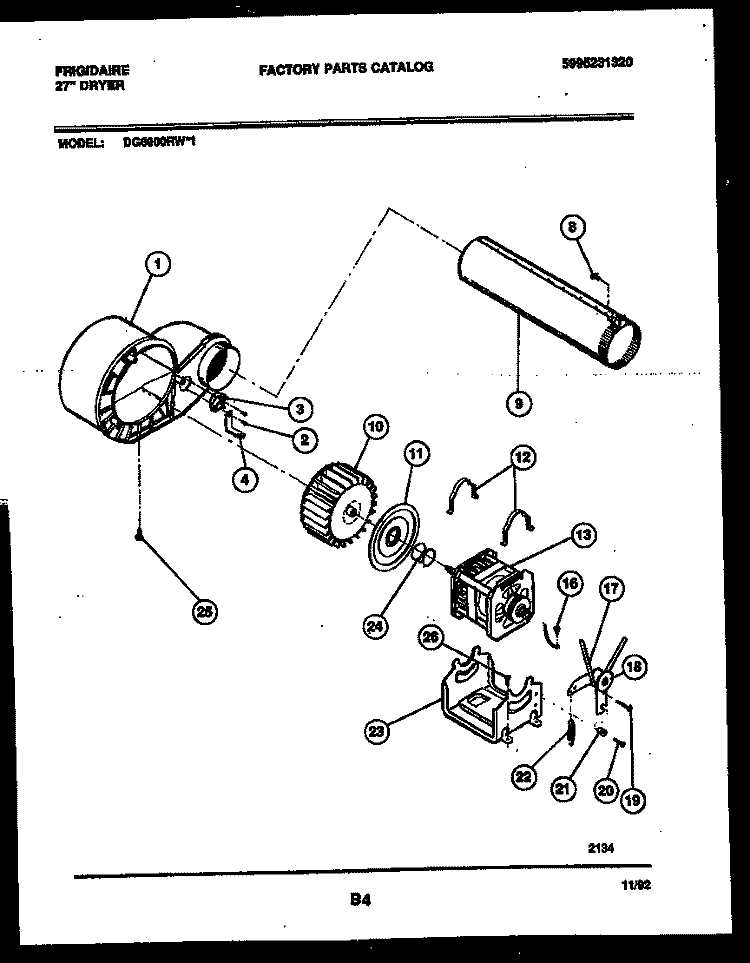 BLOWER AND DRIVE PARTS Diagram and Parts List for DG6900RW1  Frigidaire Dryer