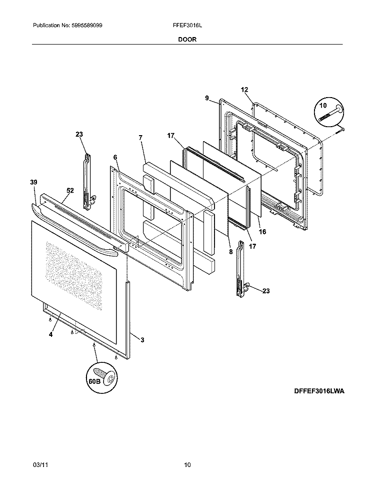 DOOR Diagram and Parts List for FFEF3016LWD  Frigidaire Range